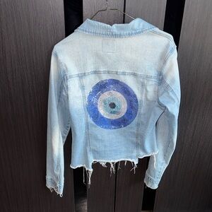 Distressed Custom Denim Jacket with Evil Eye Design